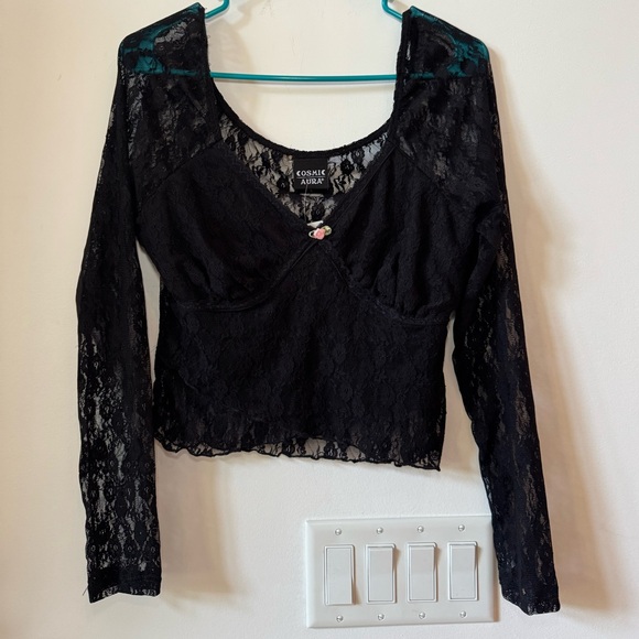NWT Vintage Cosmic Aura Black Lace Long Sleeve Crop Top Large - Picture 1 of 6